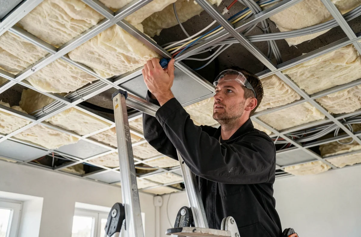 &Eacute;lectricien d'Idstelec guidant des c&acirc;bles dans un faux plafond d'un espace commercial &agrave; Argenteuil