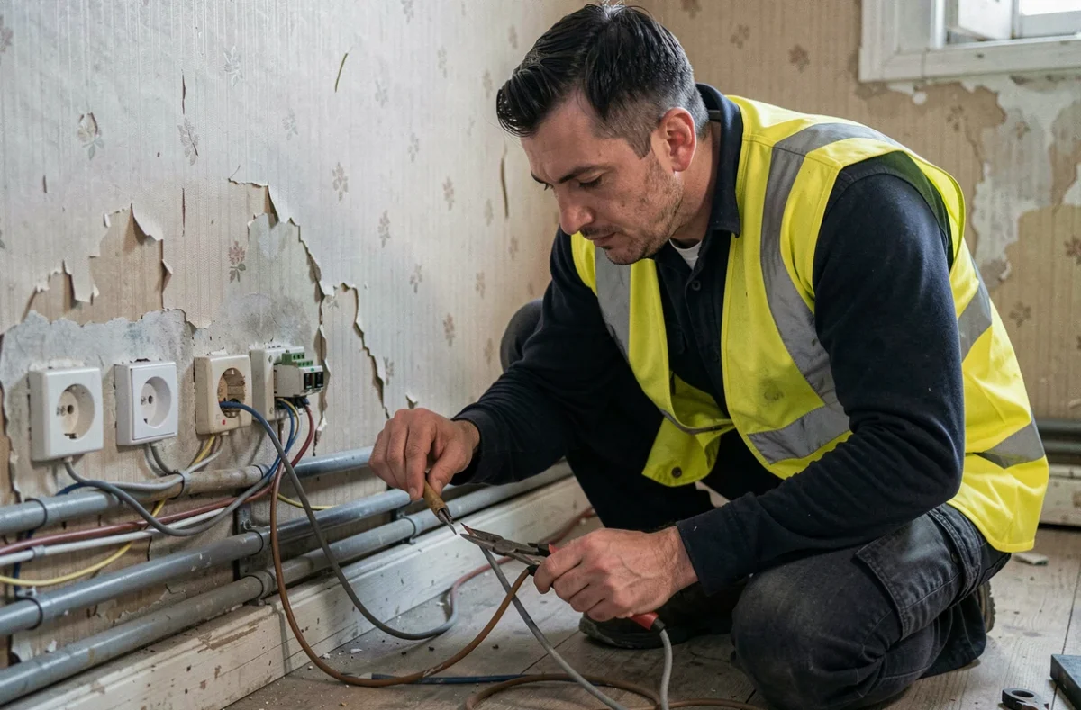 Technicien IMANI inspectant un câblage électrique vieillissant pour une mise aux normes dans un appartement