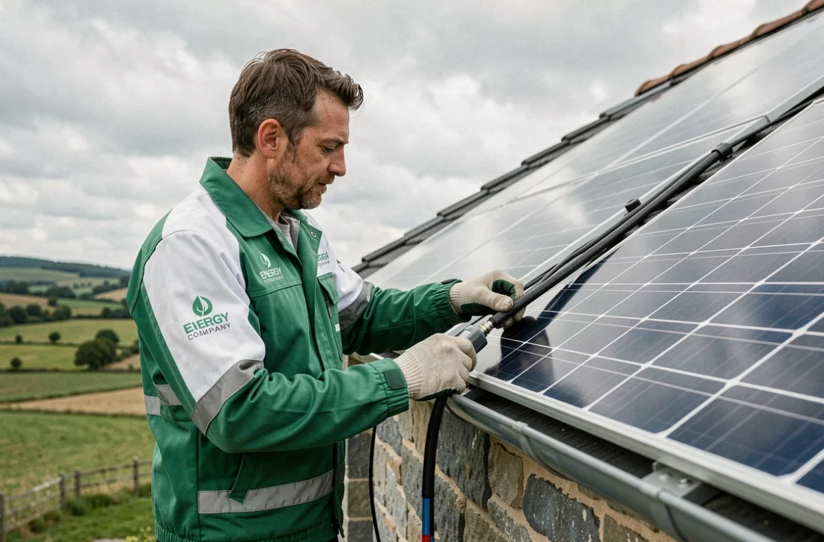 Électricien d'IN'AUV ENERGIES raccordant des panneaux solaires sur une ferme rurale dans le Cantal