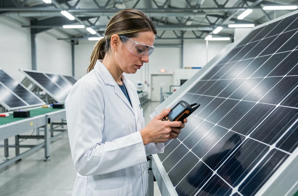 Ingénieure française contrôlant la qualité d'un panneau photovoltaïque dans une usine de fabrication solaire en France