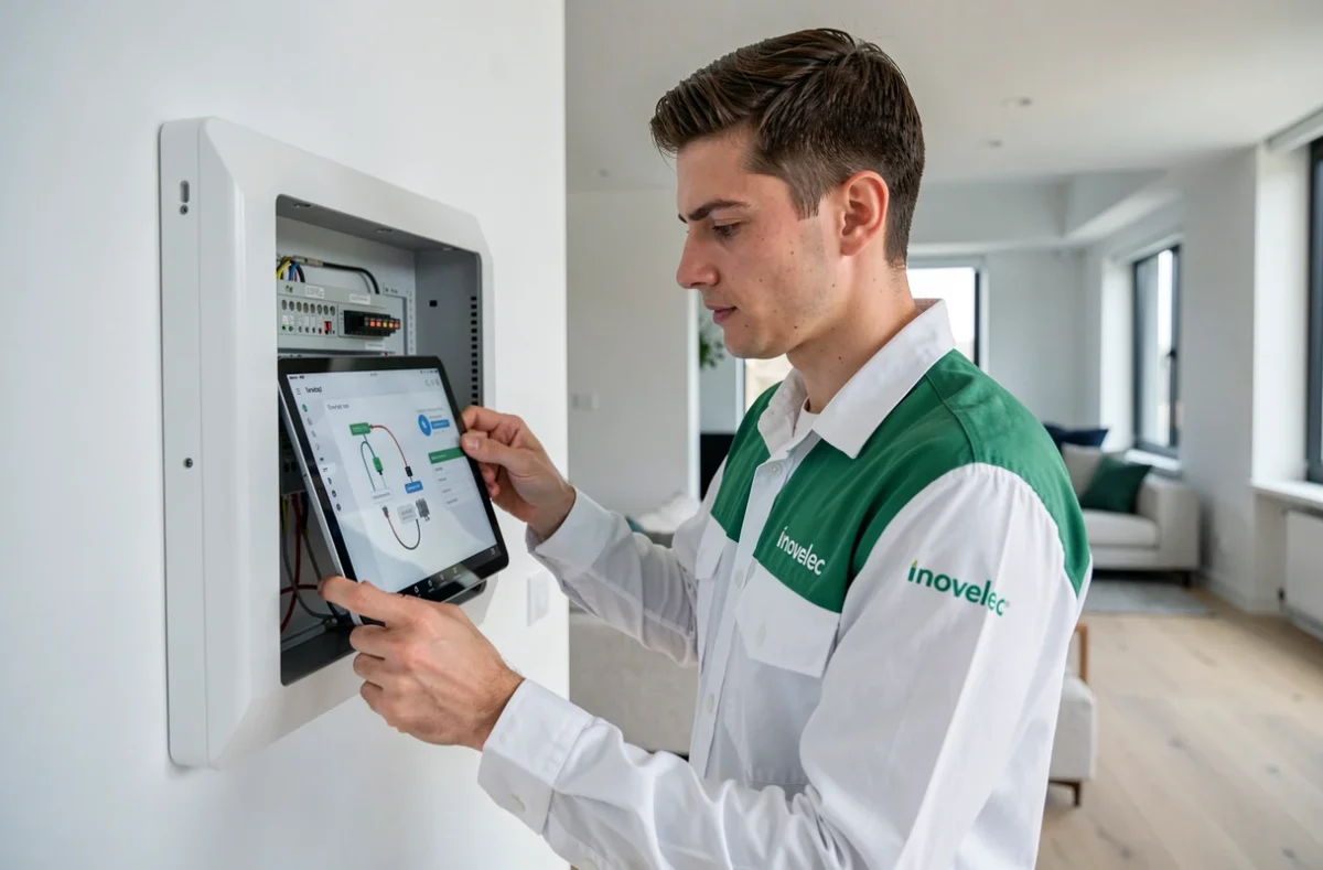 Technicien Inovelec programmant un syst&egrave;me domotique sur une interface tablette dans un logement connect&eacute; &agrave; Montpellier