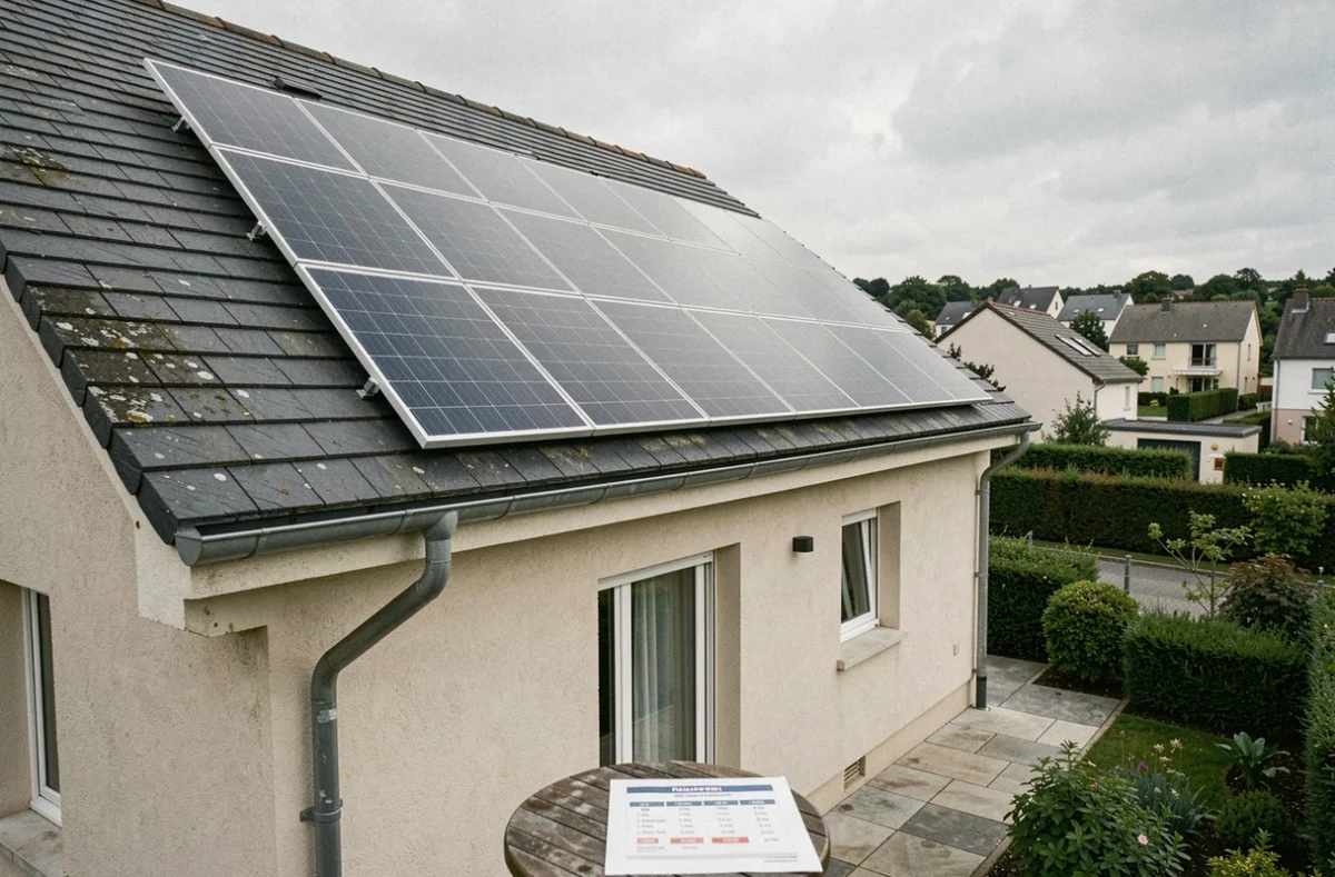 Vue d'ensemble d'une maison individuelle française équipée de panneaux photovoltaïques en toiture, avec comparaison de prix en arrière-plan