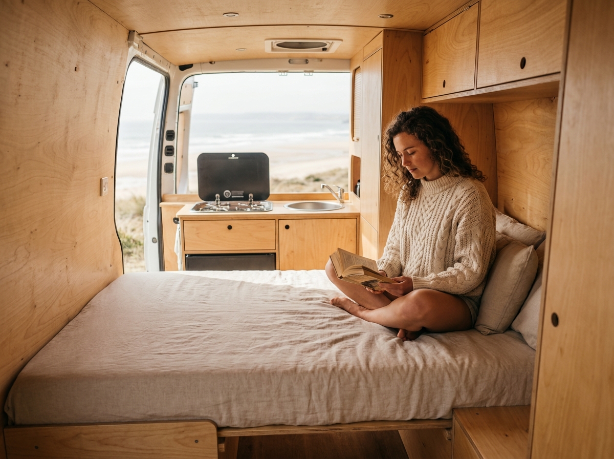 Intérieur d'un van aménagé neuf avec cuisine en bois et couchage confortable, femme lisant un livre