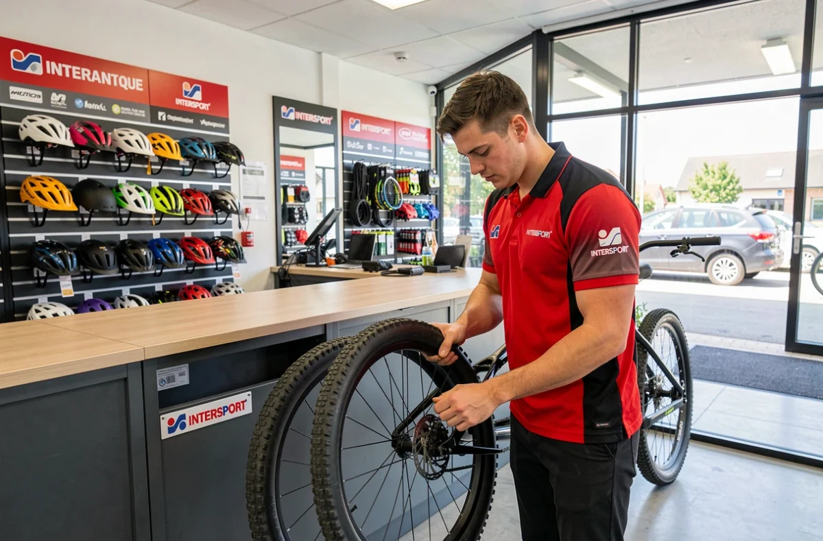 Technicien Intersport montant une chambre &agrave; air sur un v&eacute;lo de montagne dans un atelier de Loire-Atlantique