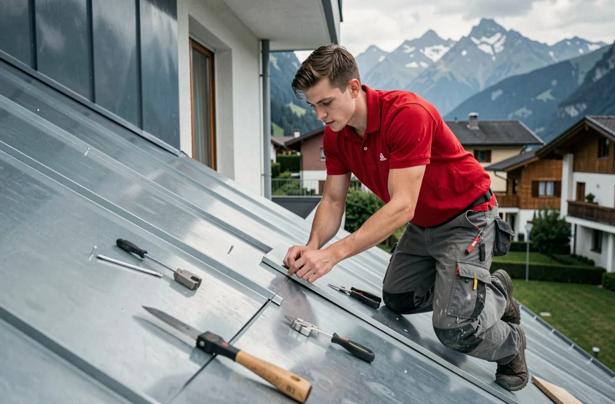 Technicien ITTM posant des panneaux de bardage métallique sur un bâtiment résidentiel alpin en Savoie