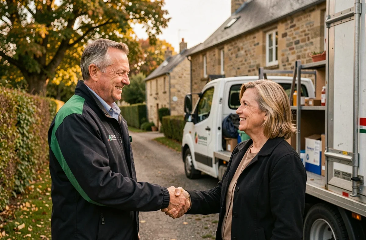 D&eacute;m&eacute;nageur Jacques Lagniel Lepoultier serrant la main d'une cliente satisfaite devant une ferme normande