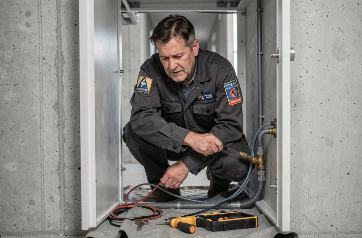 Technicien Jean-Marie Plomb-Elec installant simultan&eacute;ment tuyauterie et c&acirc;blage dans un placard technique d'immeuble