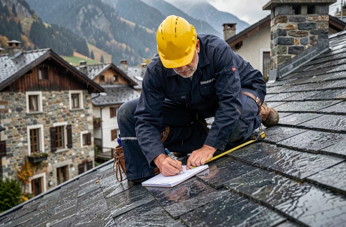 Couvreur de Jeannolin Gilbert SARL inspectant des ardoises sur une toiture résidentielle en Savoie