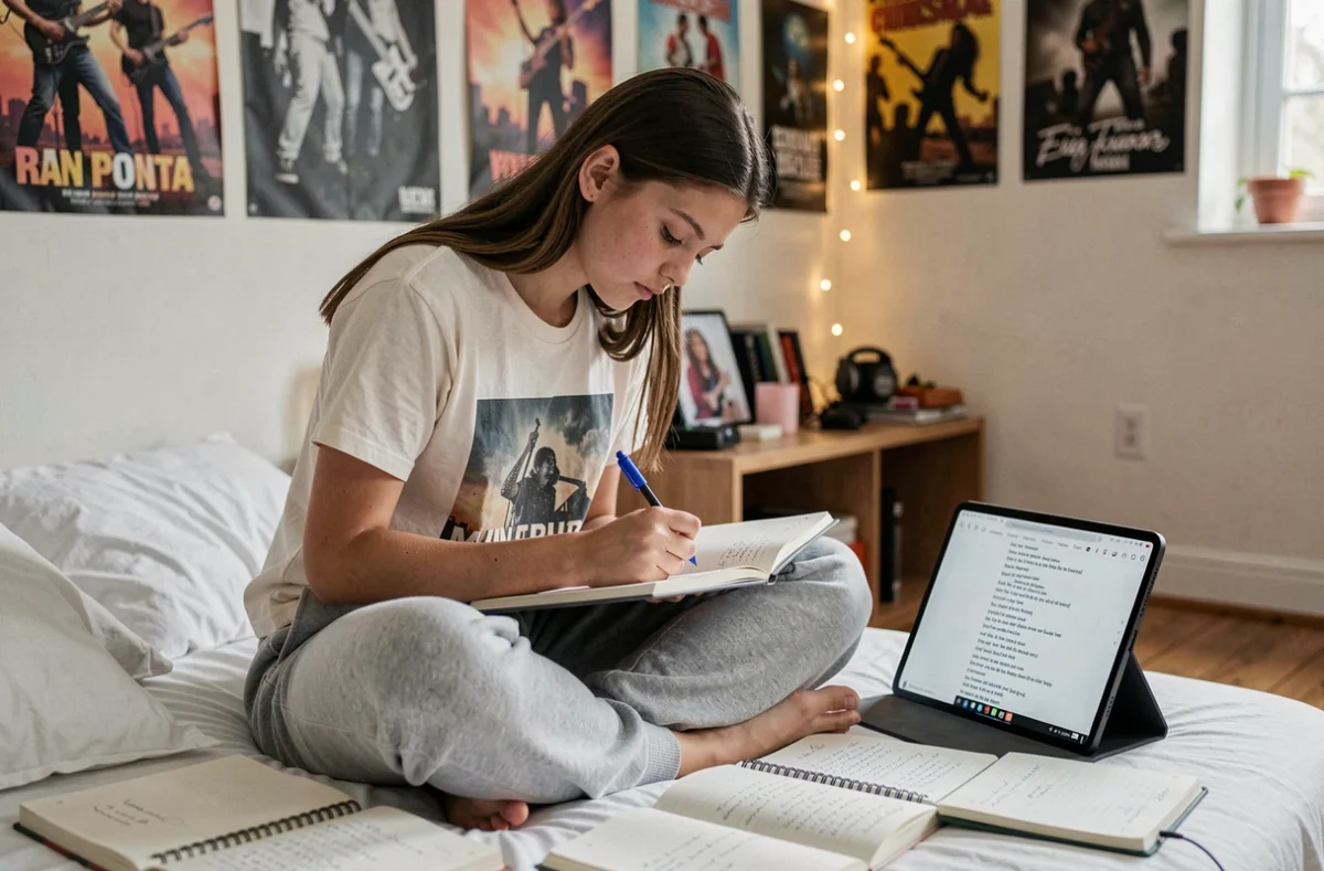 Adolescente annotant des traductions de paroles de chanson dans un carnet entour&eacute;e de ses notes dans sa chambre