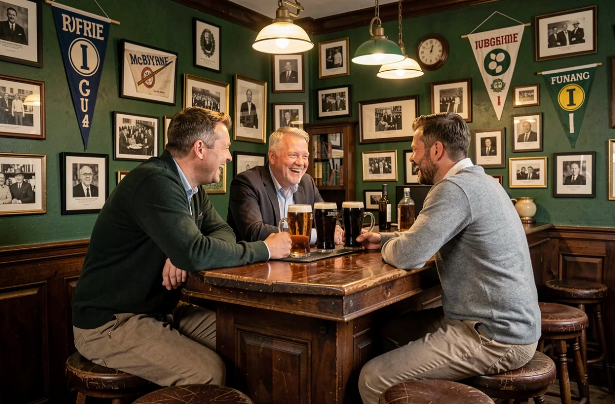 Groupe d'amis riant autour d'une pinte de stout au pub irlandais John McByrne