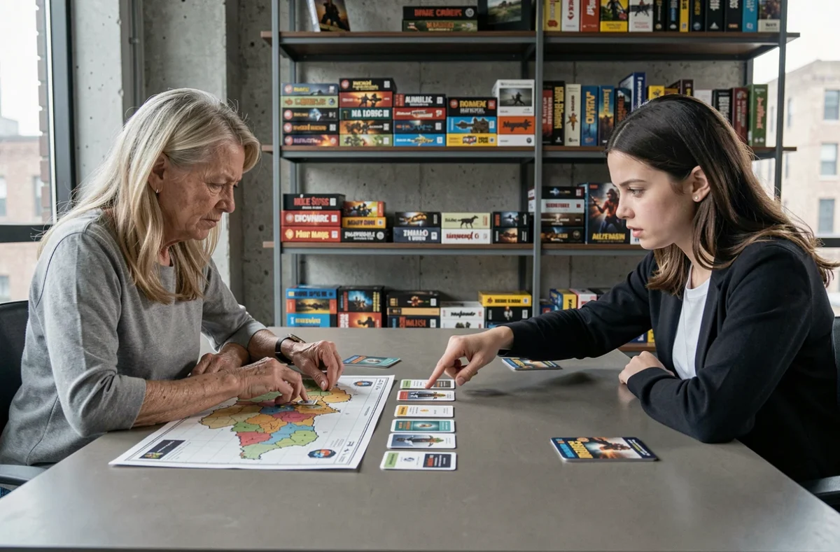 Deux joueuses adultes s'affrontent autour d'un jeu de stratégie militaire avec cartes de commandement et carte de campagne