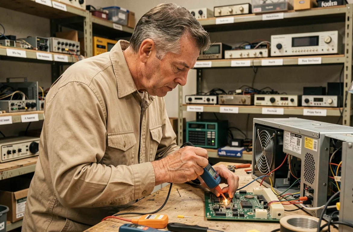 Technicien de Jplelectronique testant une carte électronique avec un multimètre dans un atelier de réparation électronique spécialisé