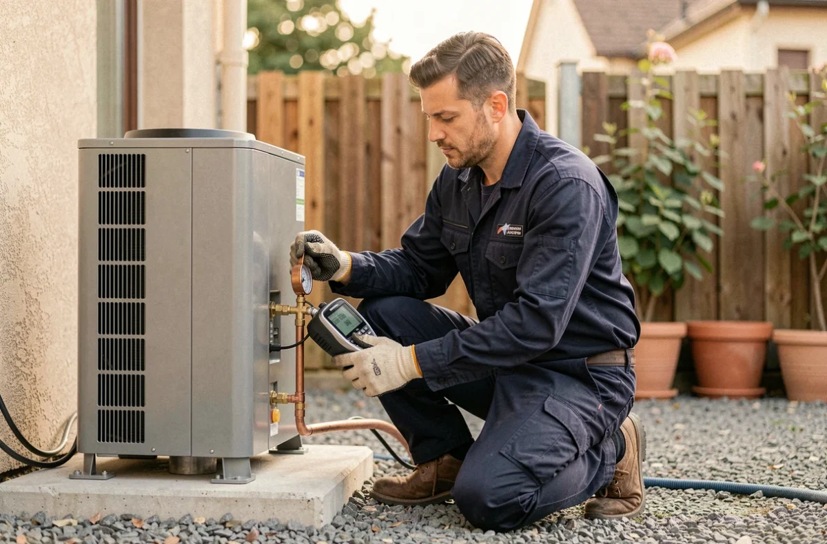 Technicien de JS PC en train d'installer une pompe à chaleur dans un jardin résidentiel