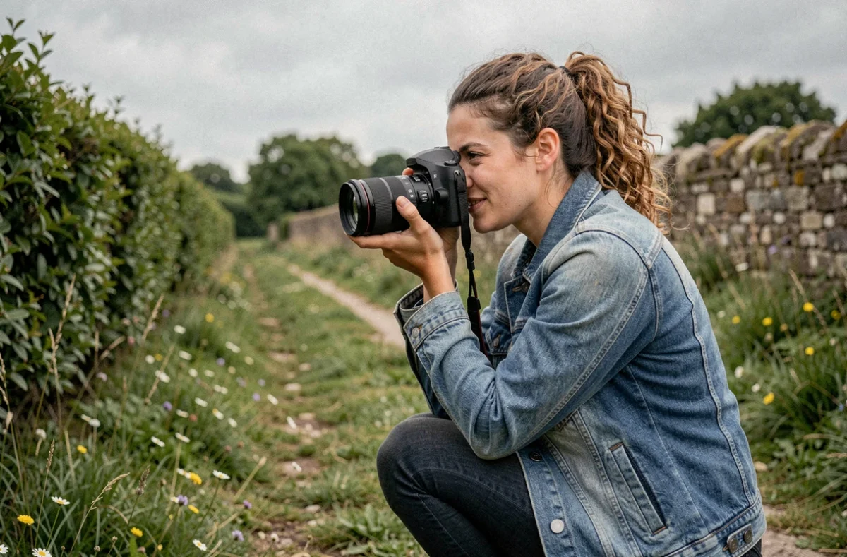 Julie L Photographe en pleine s&eacute;ance portrait en ext&eacute;rieur dans la campagne de Loire-Atlantique avec un appareil photo reflex
