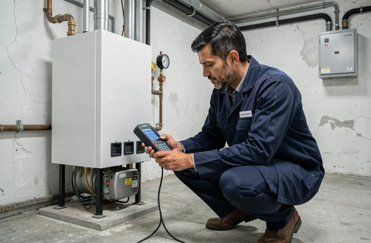 Karim Plombier Chauffagiste effectuant un diagnostic num&eacute;rique sur une chaudi&egrave;re gaz dans une chaufferie de sous-sol