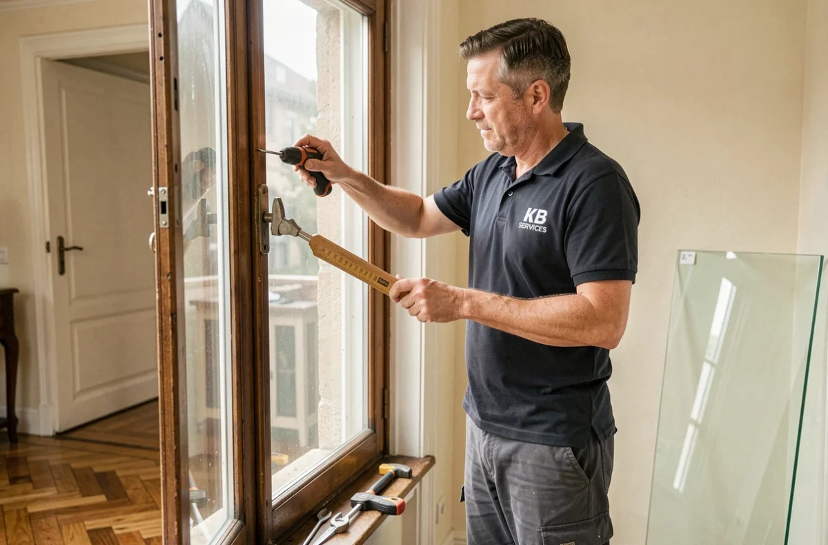 Technicien KB Services rempla&ccedil;ant une vitre dans un appartement traditionnel lyonnais