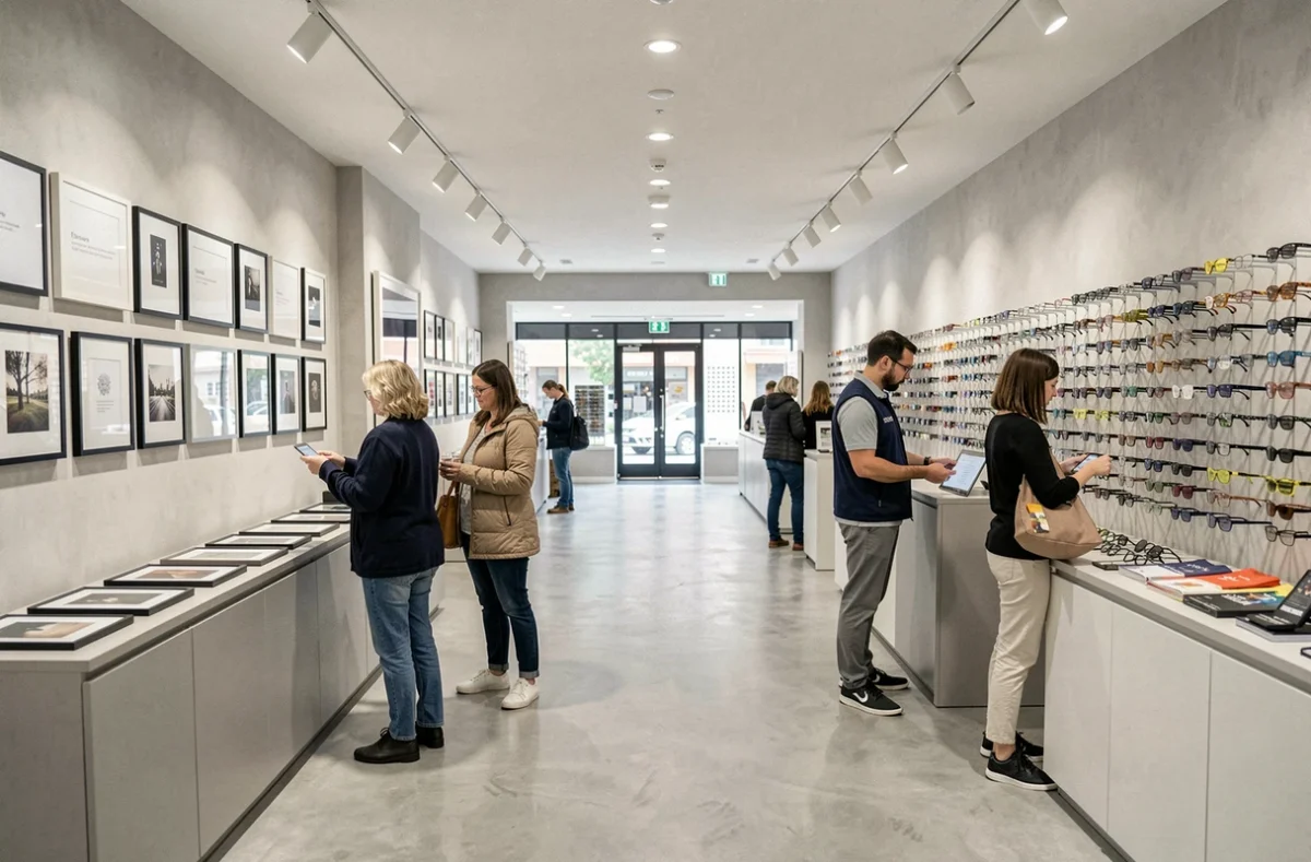 Int&eacute;rieur du magasin Krys &agrave; &Eacute;vreux montrant deux espaces compl&eacute;mentaires avec diff&eacute;rentes gammes de montures expos&eacute;es