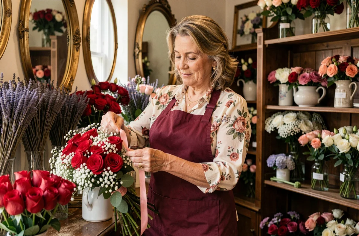 Monique, fleuriste de La Boutique Fleurie &agrave; Mirecourt, nouant un ruban sur un bouquet de roses rouges et gypsophile