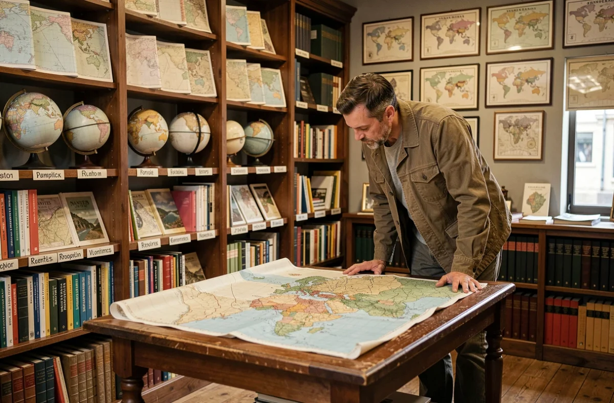 Intérieur de La Géothèque à Nantes, librairie spécialisée voyage avec cartes, atlas et guides du monde entier