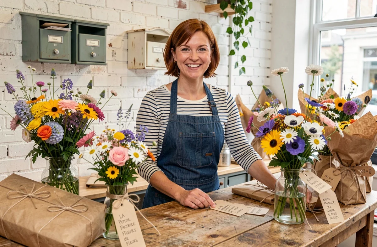 Fleuriste souriante de La Petite Factrice de Fleurs devant un comptoir en bois avec des bouquets de fleurs champêtres et des étiquettes artisanales manuscrites