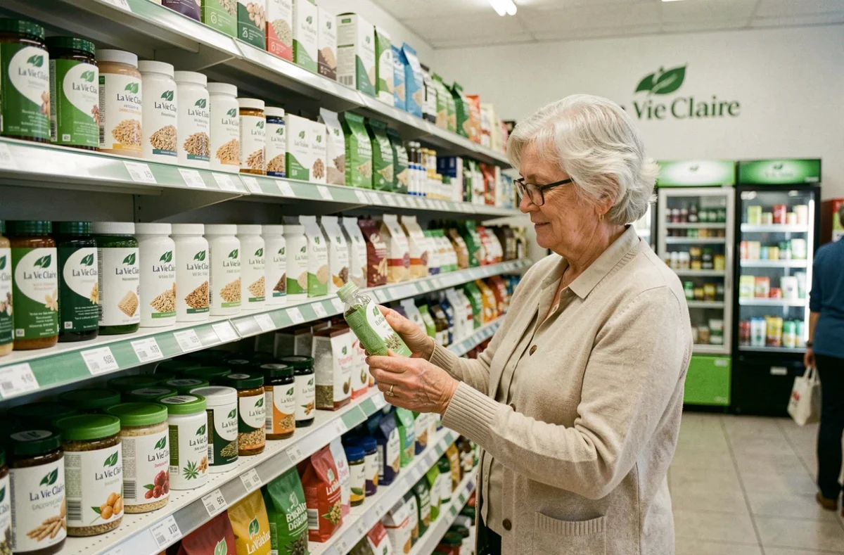 Magasin La Vie Claire à Sainte-Geneviève-des-Bois avec une cliente âgée choisissant une tisane biologique parmi les rayons