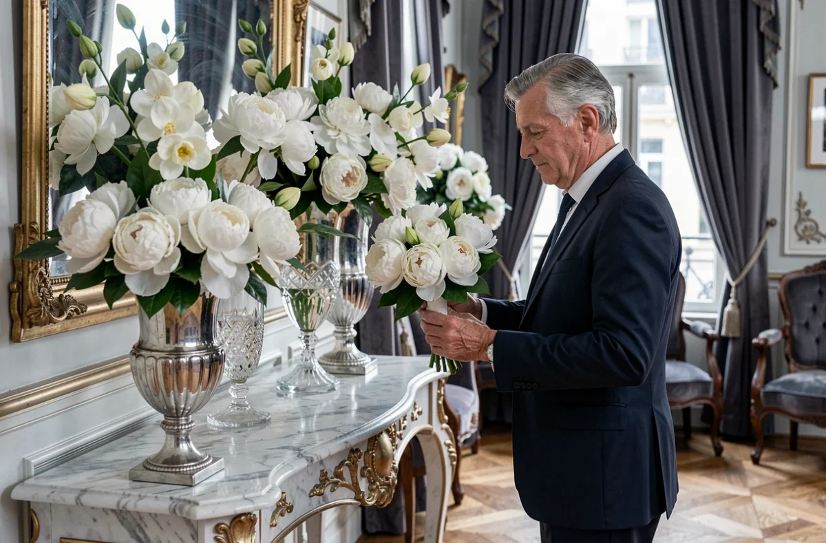 Int&eacute;rieur historique et luxueux de la maison Lachaume avec des compositions de pivoines blanches et gardenias dans des urnes en argent sous des moulures dor&eacute;es parisiennes