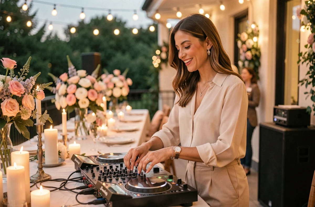 Lara Pouget, DJette spécialisée événements privés, souriante derrière ses platines lors d'une fête intime sur une terrasse décorée de bougies et de fleurs
