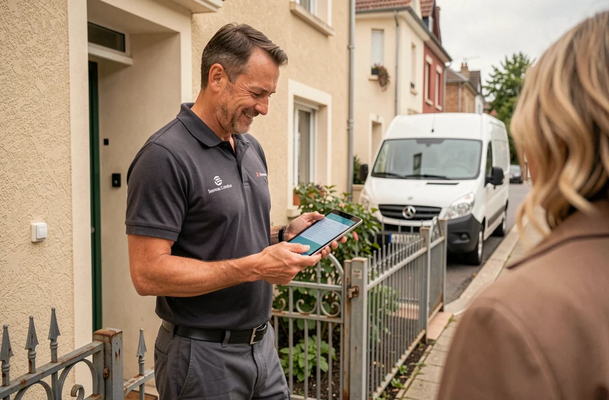 Technicien LB Services pr&eacute;sentant un devis sur tablette &agrave; un propri&eacute;taire devant une maison r&eacute;sidentielle &agrave; Colombes