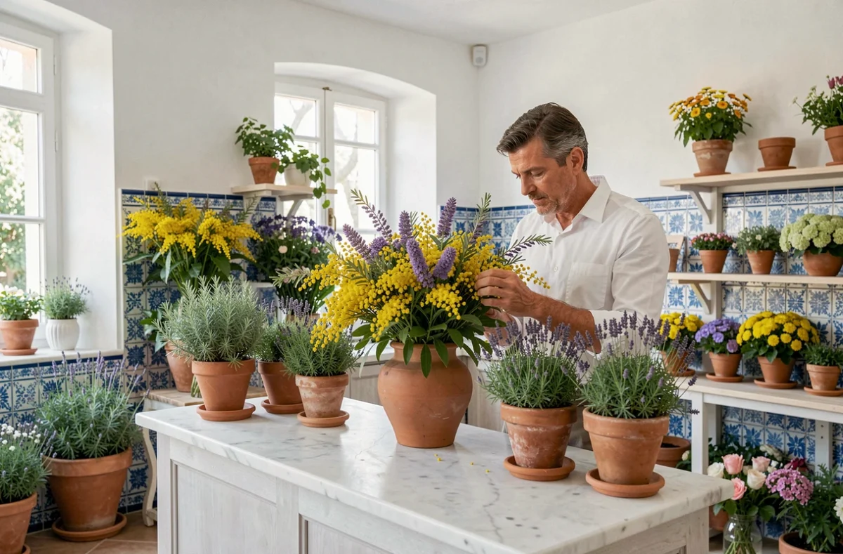 Int&eacute;rieur m&eacute;diterran&eacute;en du Cap d'Antibes &agrave; Vittel avec mimosa, lavande et compositions florales sur comptoir en marbre