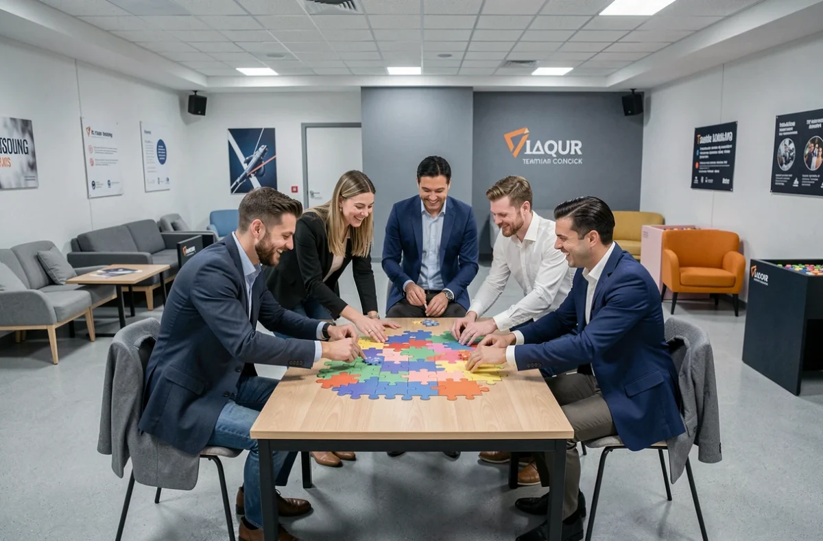Groupe de professionnels collaborant autour d'un puzzle lors d'un escape game teambuilding au Klube en Côte-d'Or