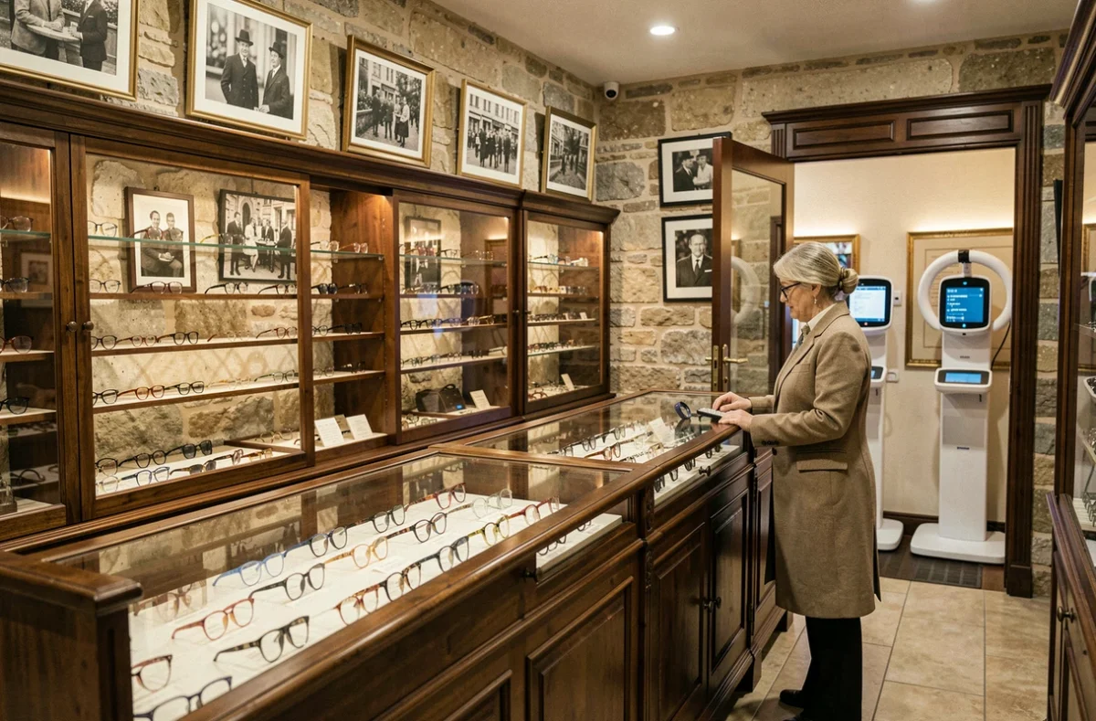 Int&eacute;rieur de l'enseigne historique Lempereur Opticiens &agrave; &Eacute;vreux avec vitrines en bois anciens et cadres classiques expos&eacute;s