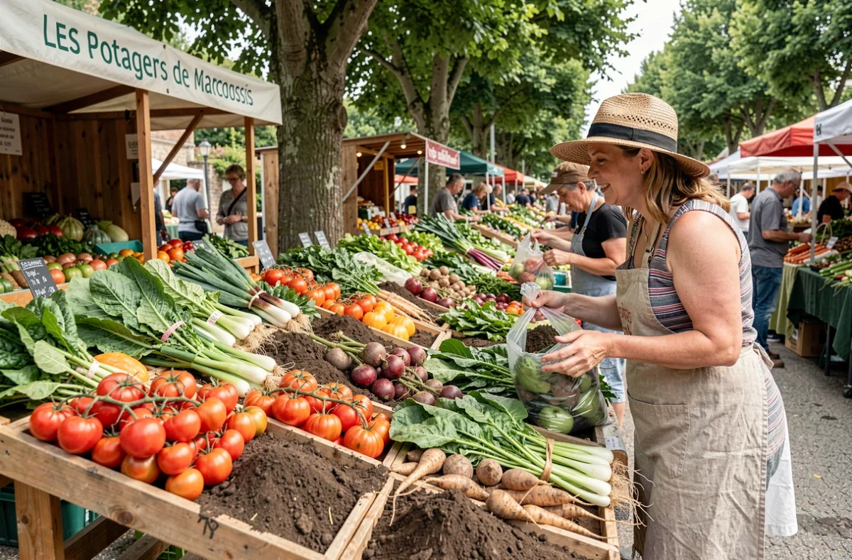 Étal de marché des Potagers de Marcoussis avec des légumes bio fraîchement récoltés et une maraîchère servant une cliente