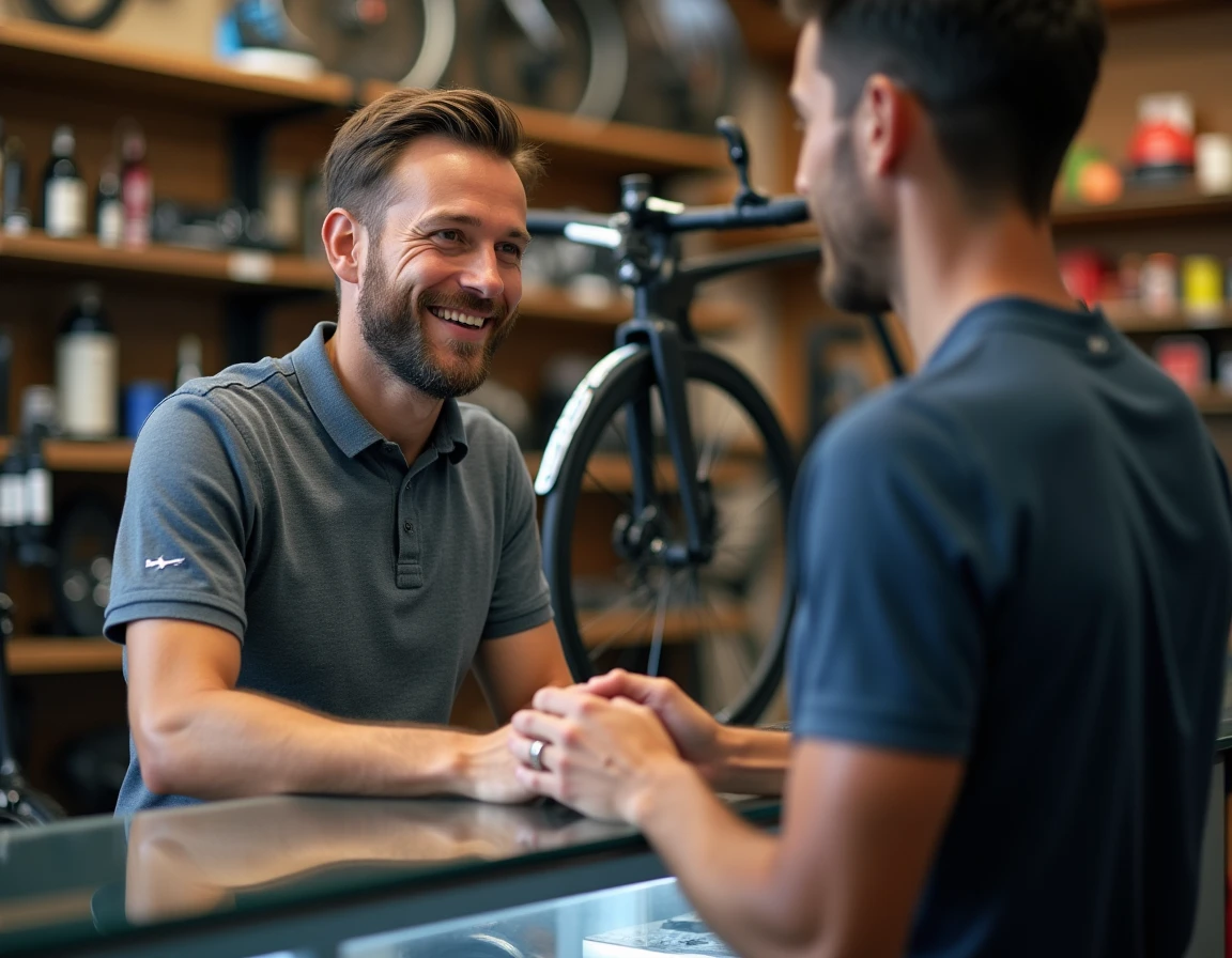 Conseiller de L'Étape Vélo discutant avec un client cycliste devant un comptoir de vente et atelier de réparation