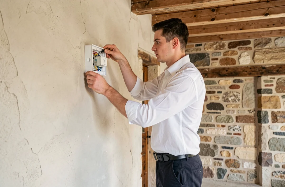 Lextrait Pierre Auguste posant un tableau &eacute;lectrique dans une maison r&eacute;nov&eacute;e en Ard&egrave;che
