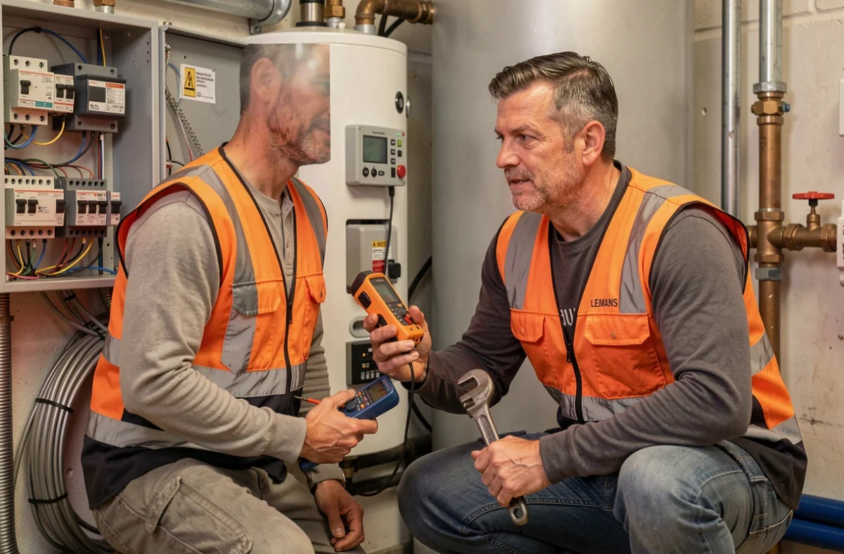 &Eacute;lectricien-plombier Lhermenier au Mans travaillant simultan&eacute;ment sur un tableau &eacute;lectrique et un chauffe-eau