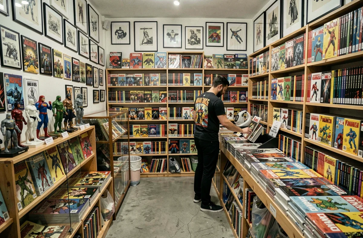 Intérieur de la librairie Aladin à Nantes, spécialisée BD et comics américains avec figurines et cases de planches originales