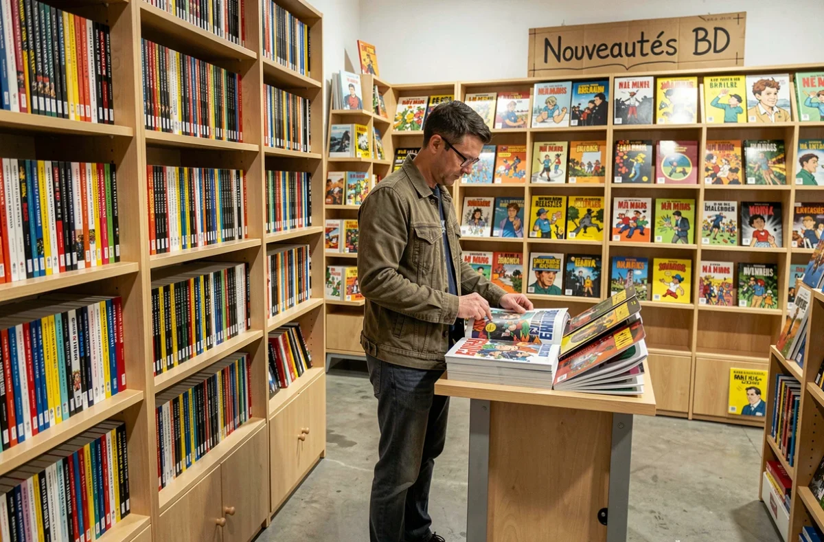 Client feuilletant un album de bande dessinée dans la librairie Bulle au Mans, mur de nouveautés BD colorées en arrière-plan