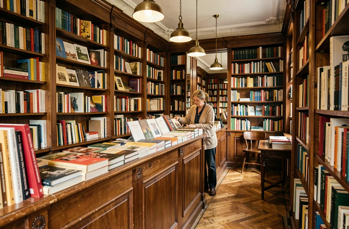 Intérieur historique de la librairie Coiffard à Nantes avec des étagères en bois sombres et une libraire arrangeant des ouvrages littéraires