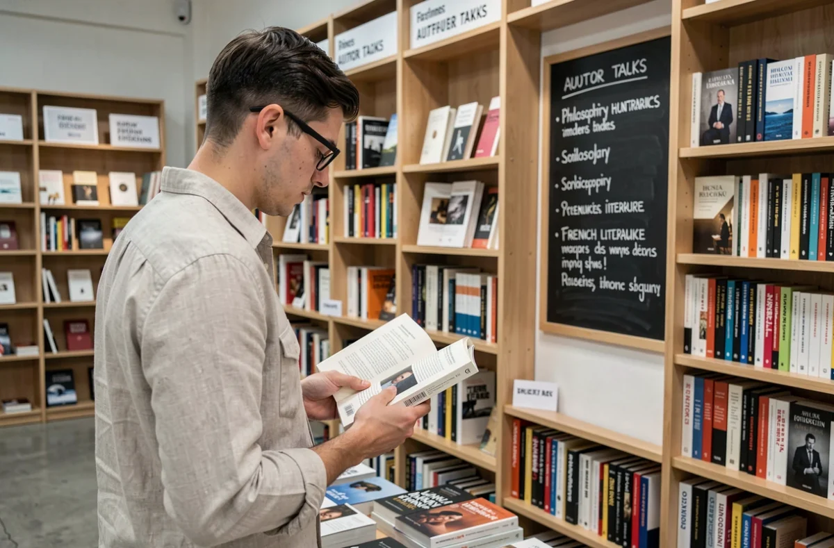 Client feuilletant un essai de sciences humaines dans la librairie Durance à Nantes, ambiance studieuse et contemporaine