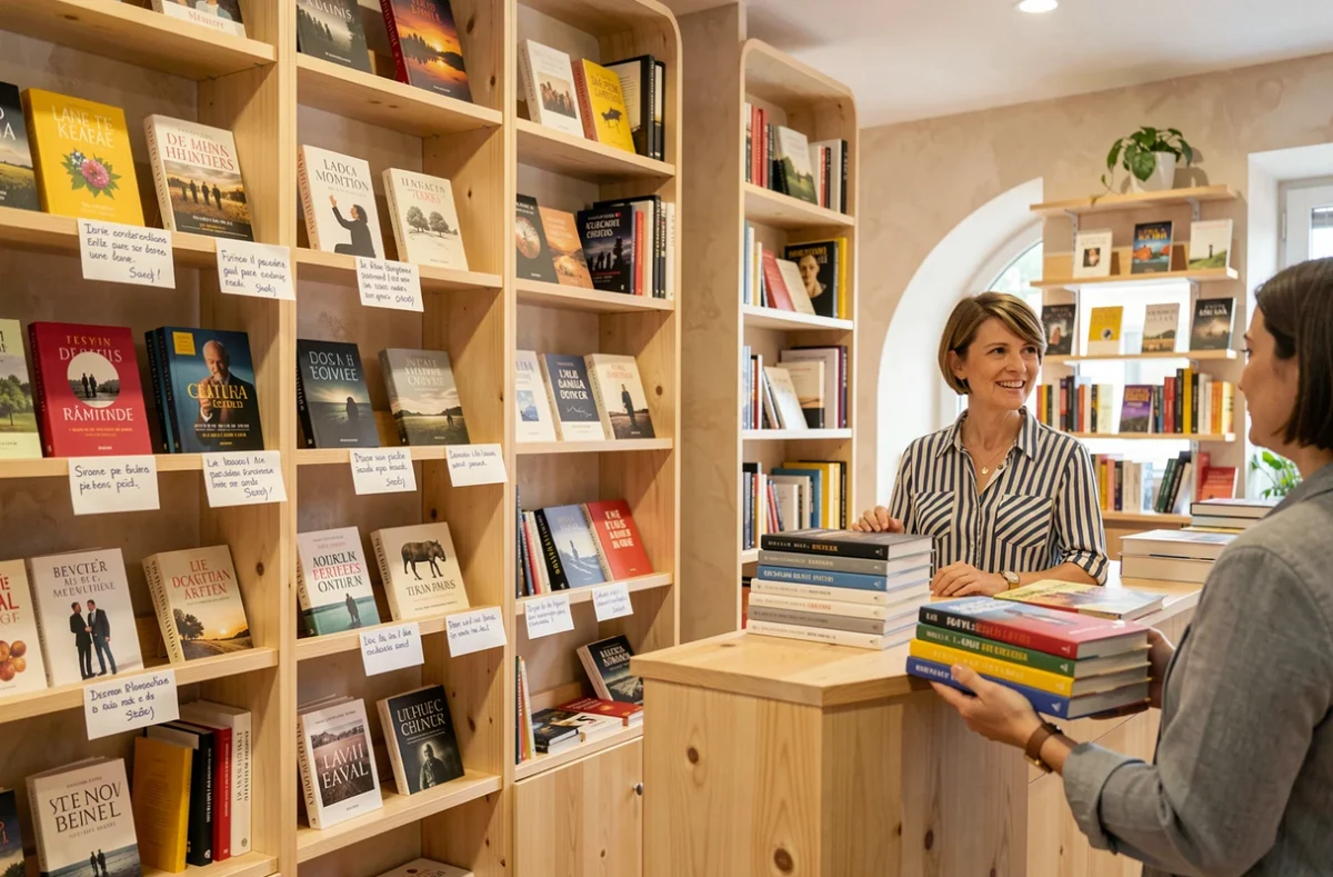 Libraire accueillant un client à la librairie M'Lire à Laval, avec des sélections de romans français et des fiches de recommandations manuscrites
