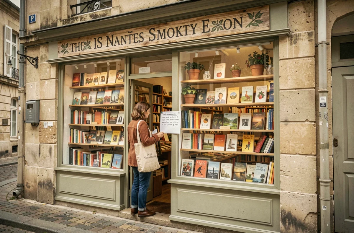Façade et entrée de la librairie Les Nuits Blanches dans un quartier de Nantes, avec une cliente lisant une recommandation de libraire