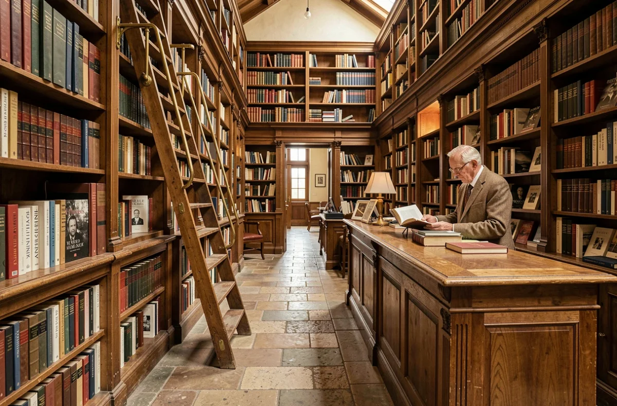 Intérieur historique de la librairie Richer à Angers avec de hautes étagères en bois et un libraire en veste de tweed consultant un ouvrage