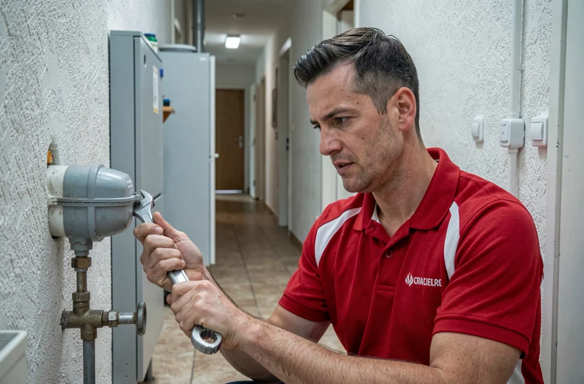 Technicien de LL Plomberie remplaçant un compteur d'eau dans un immeuble résidentiel