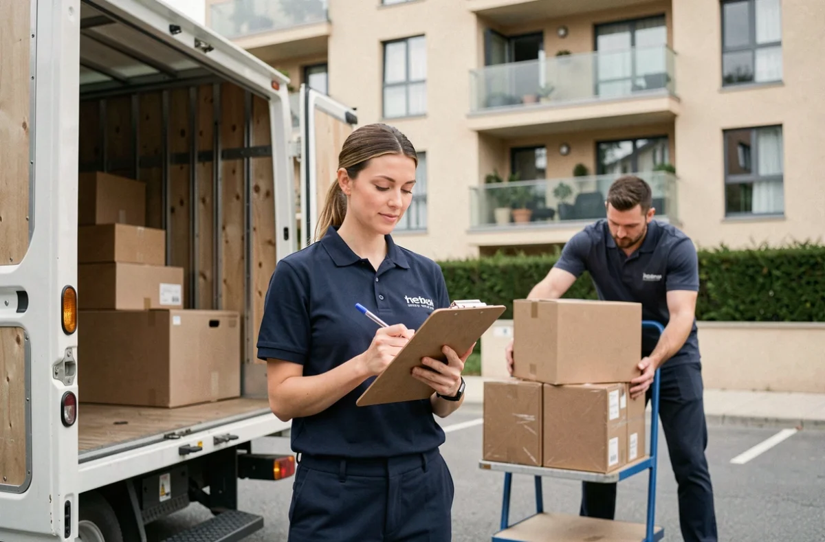 Coordinatrice LM D&eacute;m&eacute;nagements v&eacute;rifiant une liste de contr&ocirc;le devant un camion de d&eacute;m&eacute;nagement