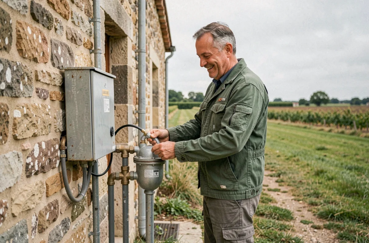 Plombier-&eacute;lectricien Louerat Roger &agrave; Chaumes-en-Retz inspectant un compteur d'eau ext&eacute;rieur sur une ferme en pierre
