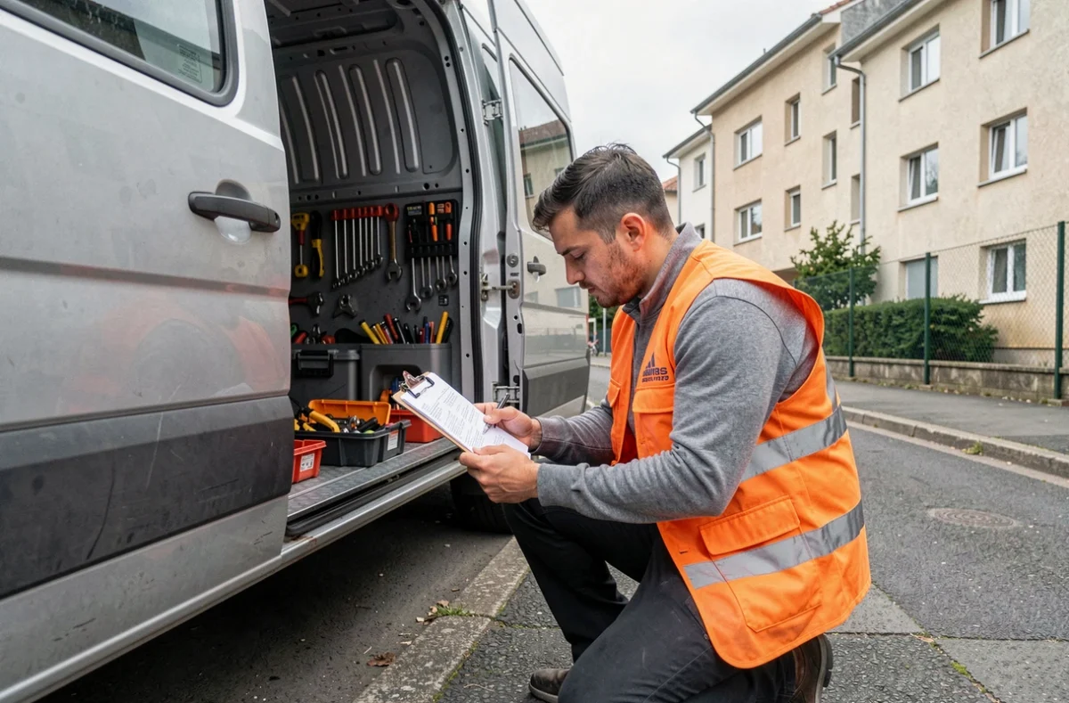 Technicien Lowcost Multiservices pr&eacute;parant son mat&eacute;riel depuis son van devant un immeuble r&eacute;sidentiel &agrave; Colombes