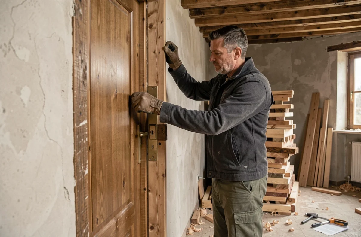 Menuisier-serrurier installant un cadre de porte en bois avec serrure intégrée dans une maison en rénovation