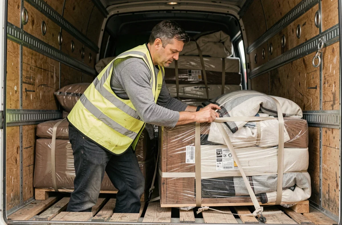 Chauffeur de LTA Transport s&eacute;curisant des meubles avec des sangles dans la remorque d'un camion de transport
