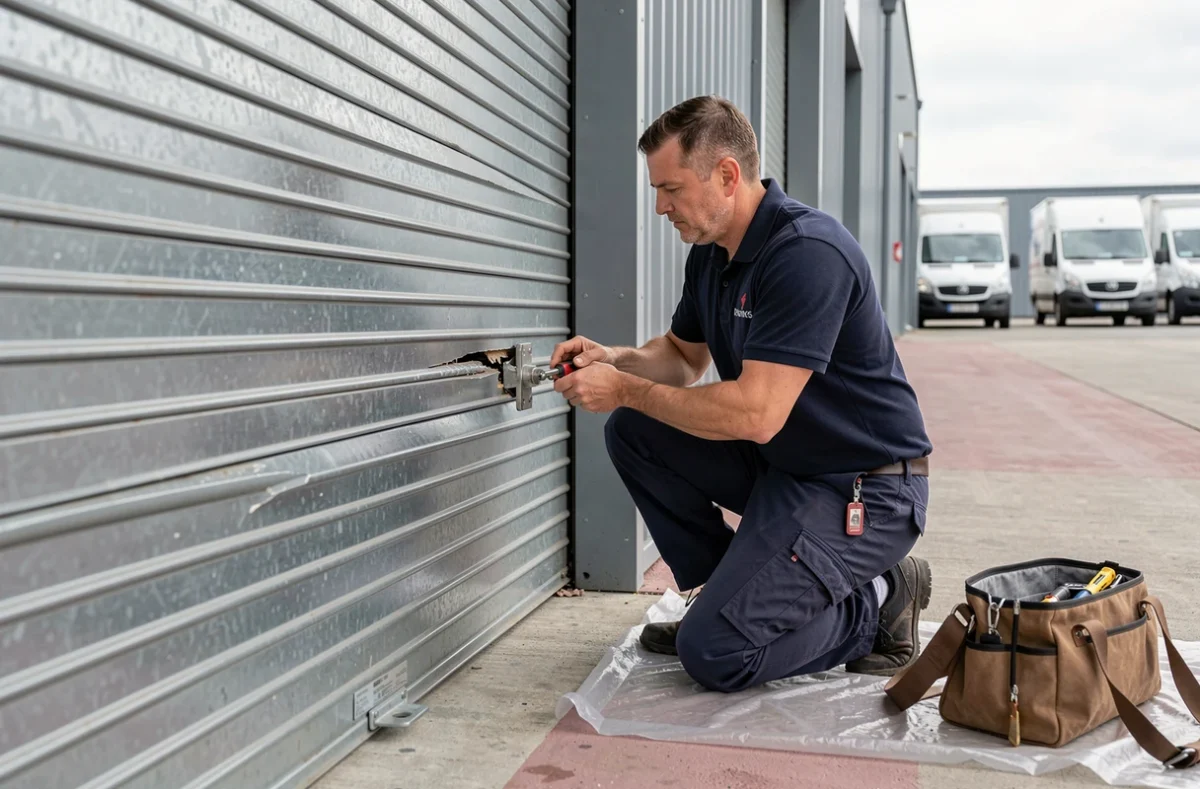 Technicien de MACV en intervention sur un rideau métallique industriel dans une zone commerciale de la Somme
