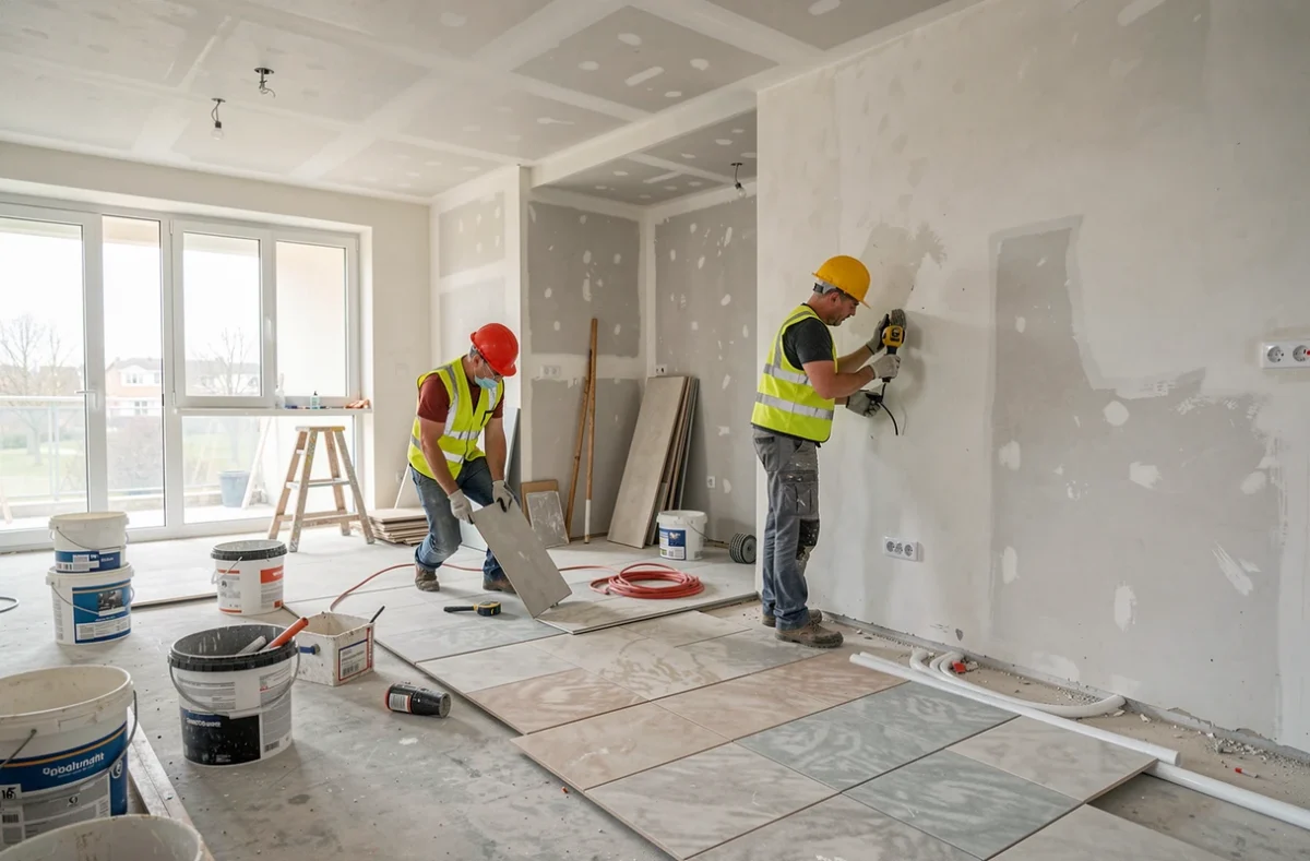 Ouvriers de Maison Peinte Sté réalisant des travaux tous corps d'état dans un appartement à Créteil